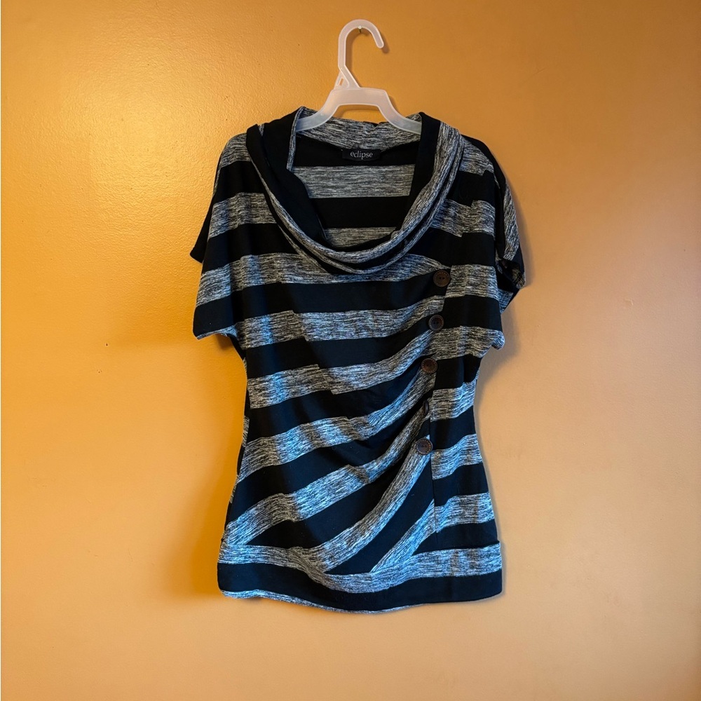 Women’s Striped Cowl Neck Top with Button Detail
